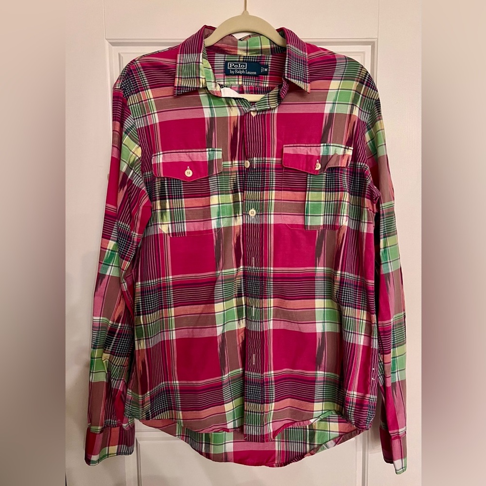 Men’s red and green medium button up flannel by Polo